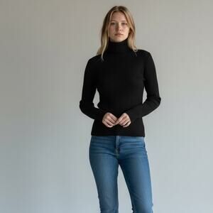 OGL Top Size M NEW Classic Black Semi Sheer Long Slv Turtleneck Tencel Wool